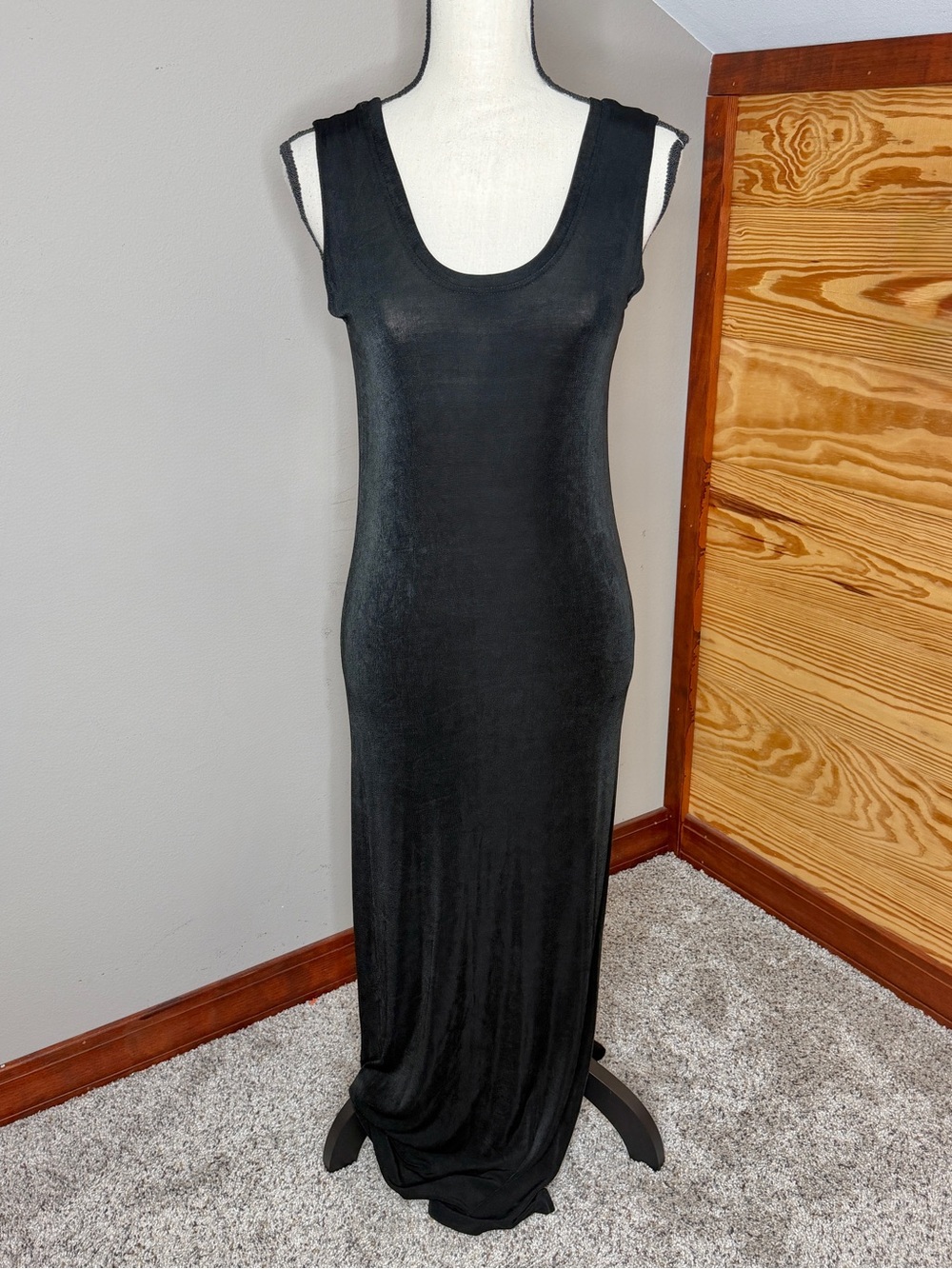 Vintage Flax Sleeveless Scoop Neck Slinky Knit Maxi Dress Black Small S Stretch